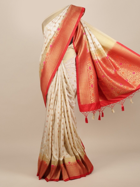 

Pothys Cream-Coloured & Orange Jute Silk Woven Design Saree