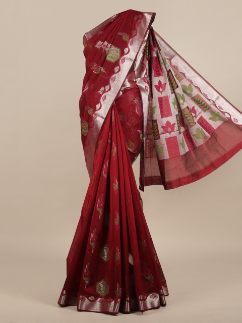 

Pothys Maroon & Silver-Toned Silk Cotton Woven Design Saree