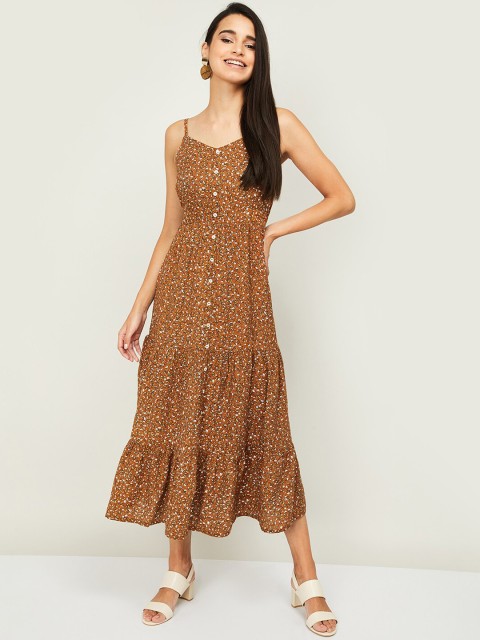 

Ginger by Lifestyle Women Brown Floral Printed Tiered A-Line Dress