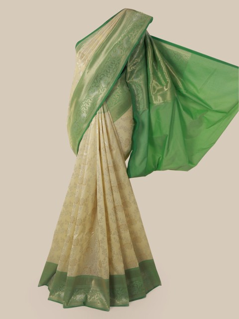 

Pothys Cream-Coloured & Green Pure Silk Woven Design Banarasi Saree