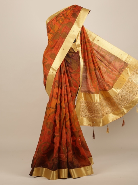 

Pothys Rust & Gold-Toned Jute Silk Woven Design Saree