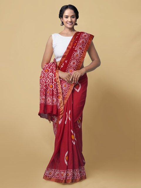 

Unnati Silks Red & White Pure Cotton Printed Dabu Saree