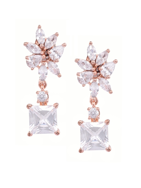

Saraf RS Jewellery White & Rose Gold Plated American Diamond Studded Drop Earrings