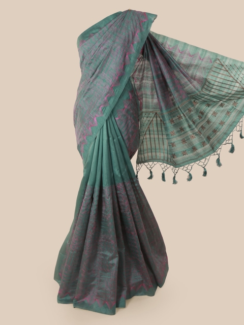 

Pothys Blue Embroidered Jute Silk Saree With Tasseled Pallu