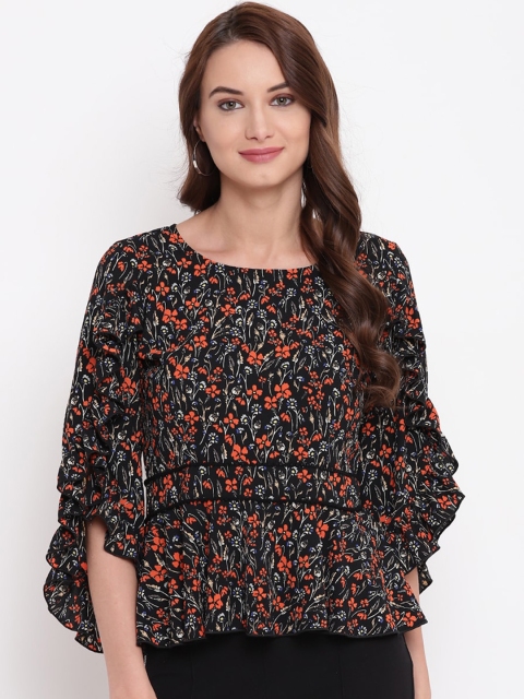 

Texco Black & Orange Floral Printed Flared Sleeves Peplum Top