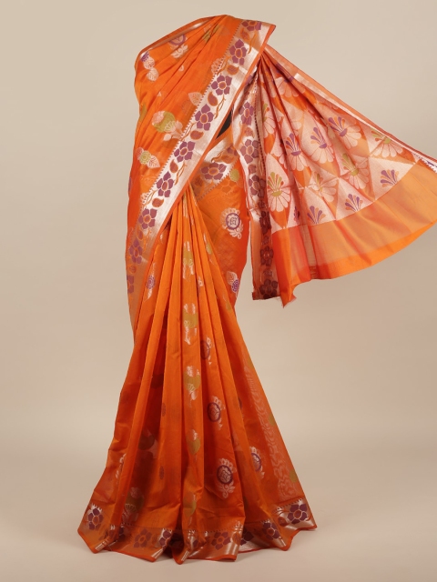

Pothys Orange & Silver-Toned Silk Cotton Woven Design Saree