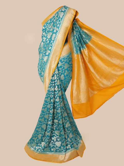 

Pothys Turquoise Blue & Yellow Pure Silk Floral Woven Design Banarasi Saree