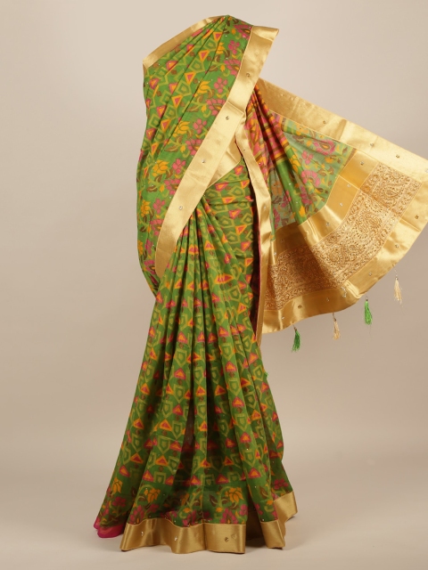 

Pothys Green & Gold-Toned Jute Silk Woven Design Saree