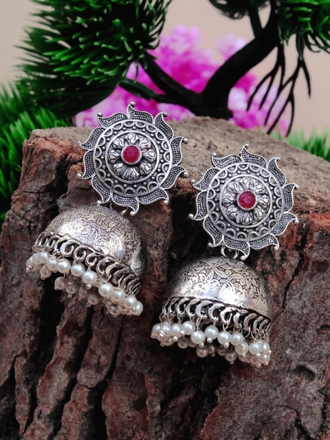 

Crunchy Fashion Oxidized Silver-Plated White & Red Studded Dome Shaped Jhumkas