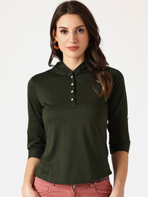 

V2 Value & Variety Green Mandarin Collar Pure Cotton Shirt Style Top