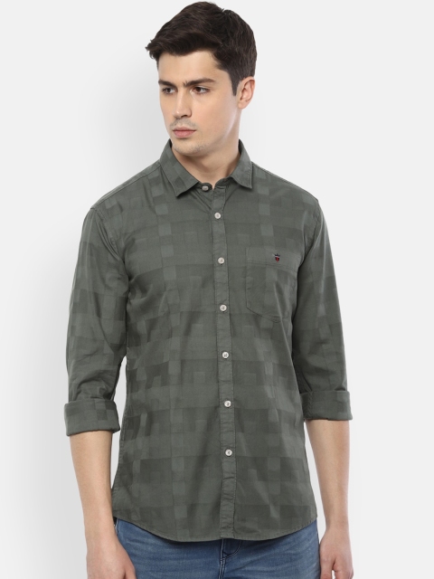 

Louis Philippe Jeans Men Olive Green Pure Cotton Slim Fit Checked Casual Shirt