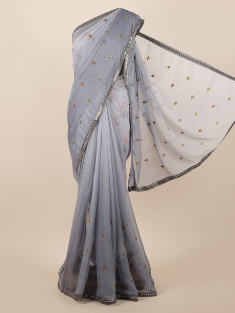 

Pothys Grey & Green Poly Chiffon Floral Embroidered Saree