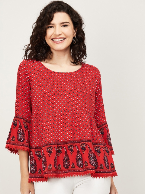

Fame Forever by Lifestyle Red & Black Printed Bell Sleeves A-Line Top