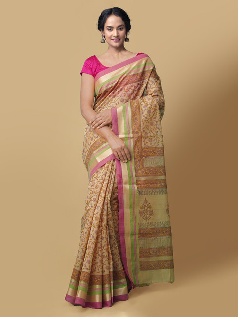 

Unnati Silks Cream-Coloured & Purple Printed Chanderi Handloom Saree