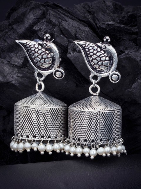 

Sukkhi Oxidized Rhodium-Plated Beaded Dome Shaped Jhumkas, Silver