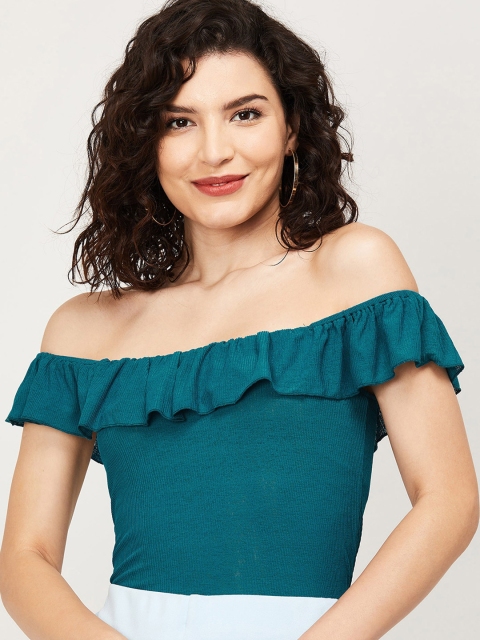 

CODE by Lifestyle Teal Blue Off-Shoulder Flared Sleeves Bardot Top