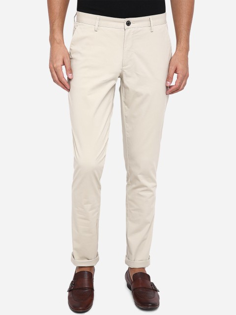 

JADE BLUE Men Beige Slim Fit Pure Cotton Trousers