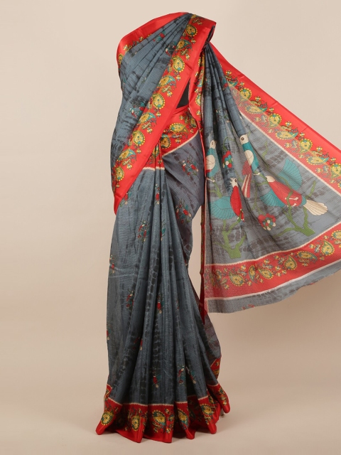 

Pothys Grey & Orange Jute Silk Printed Saree