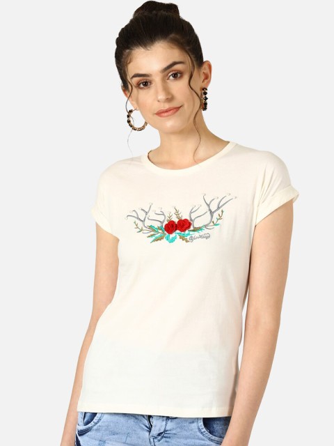 

V2 Value & Variety White & Grey Floral Embroidered Chambray Regular Top