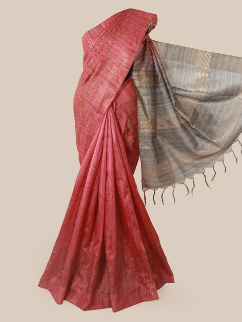 

Pothys Peach-Coloured Embroidered Jute Silk Saree