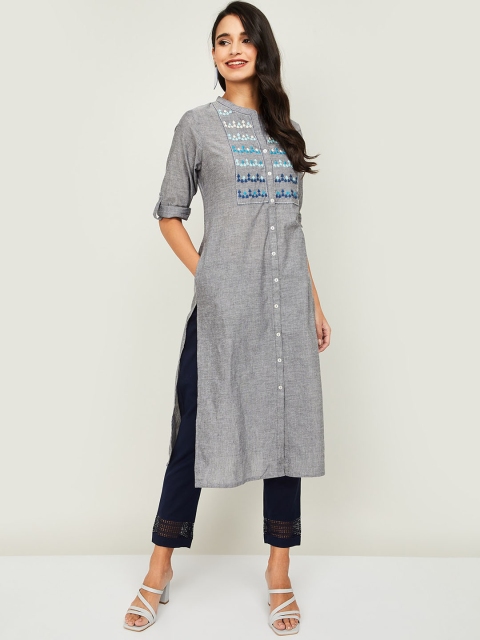 

Melange by Lifestyle Women Grey & Navy Blue Yoke Design Kurta with Trousers