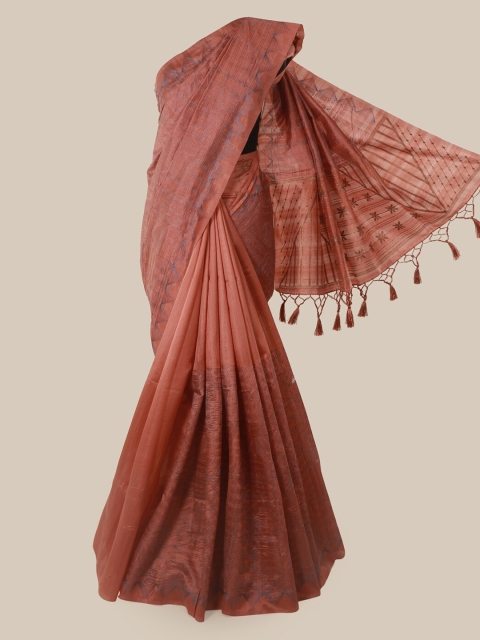 

Pothys Peach-Coloured Embroidered Jute Silk Saree With Tasseled Pallu