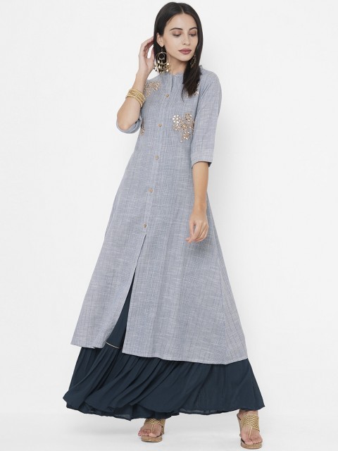 

FASHOR Women Blue Self Striped Kurta