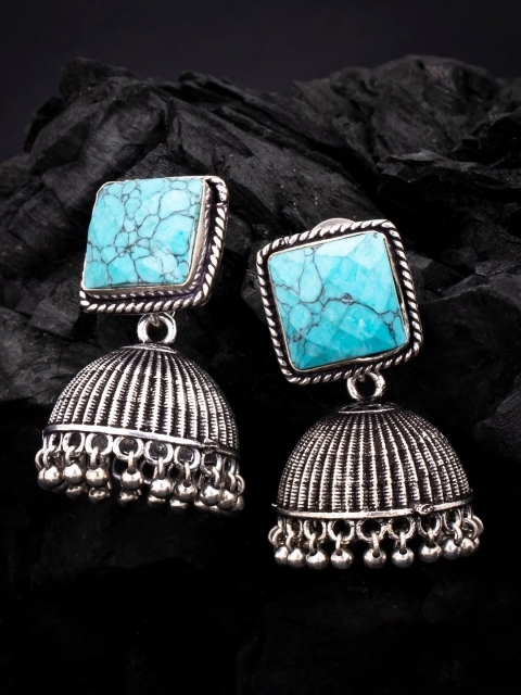 

Sukkhi Blue Oxidized Rhodium-Plated Handcrafted Studded Dome Shaped Jhumkas
