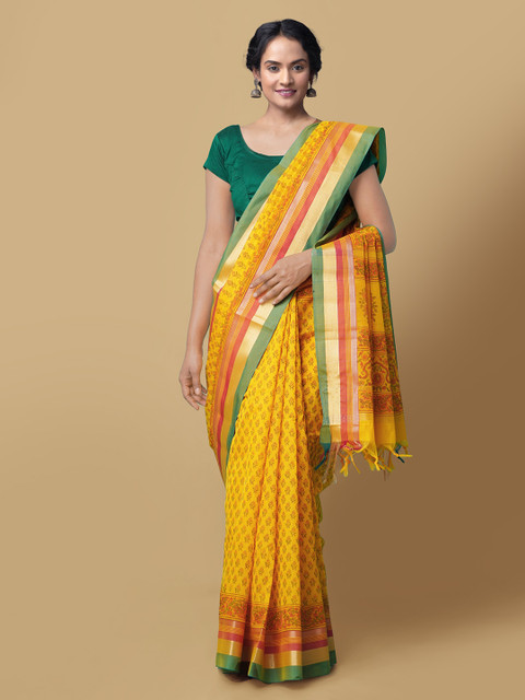 

Unnati Silks Yellow & Red Woven Design Chanderi Handloom Saree