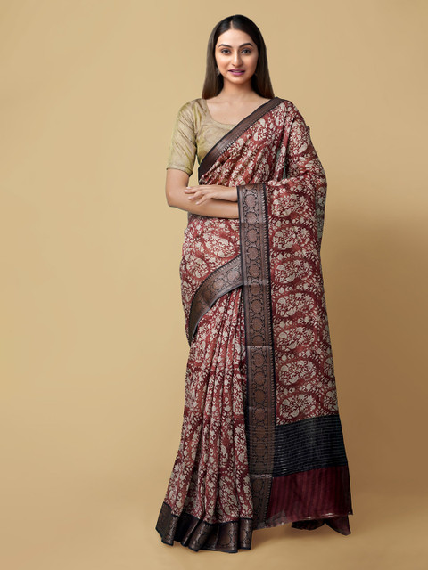 

Unnati Silks Maroon & Grey Printed Maheshwari Saree