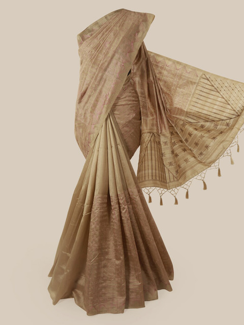 

Pothys Cream-Coloured & Pink Jute Silk Embroidered Saree