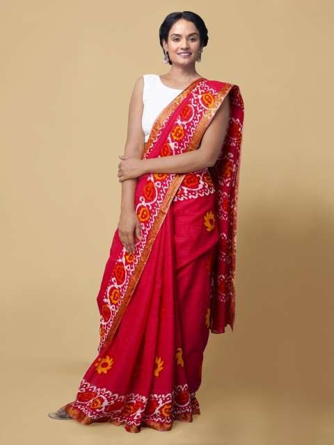 

Unnati Silks Red & White Pure Cotton Printed Dabu Saree