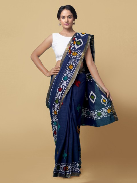 

Unnati Silks Navy Blue & White Pure Cotton Printed Dabu Saree