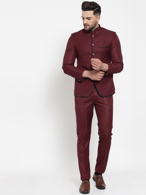 

KLOTTHE Men Maroon Self Design Slim-Fit Bandhgala Two-Piece Party Suit