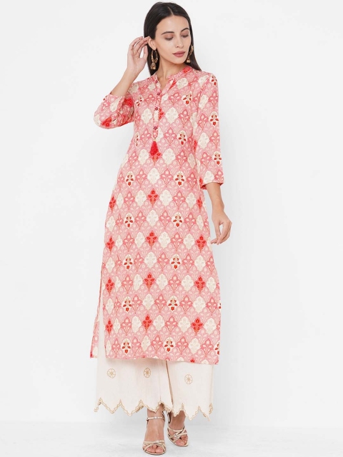 

FASHOR Women Pink & White Ethnic Motifs Printed Kantha Hand Embroidered Kurta