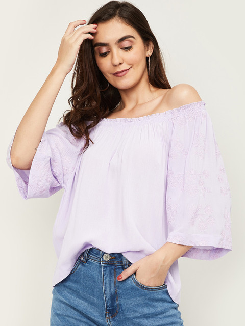 

Fame Forever by Lifestyle Lavender Off-Shoulder Flared Sleeves Bardot Top