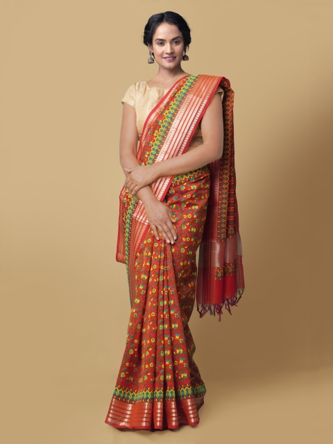 

Unnati Silks Red & Yellow Woven Design Chanderi Handloom Saree