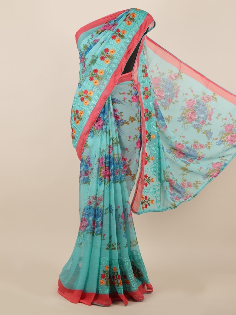 

Pothys Sea Green & Pink Poly Chiffon Floral Printed Saree