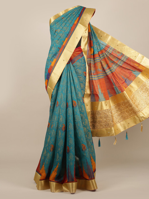 

Pothys Blue Printed Jute Silk Saree
