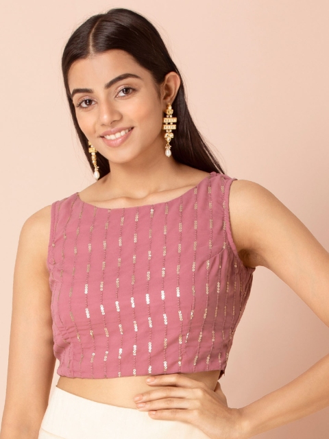 

INDYA Pink & Golden Embellished Styled Back Crop Top