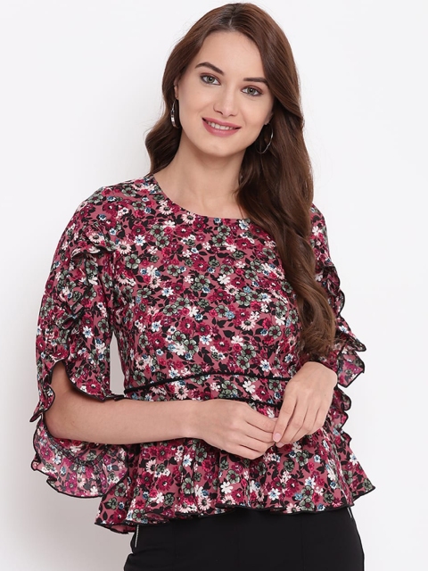 

Texco Mauve & Off White Floral Printed Bell Sleeves Peplum Top