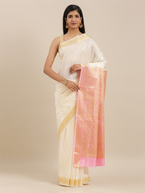 

The Chennai Silks Cream-Coloured & Pink Art Silk Woven Design Saree