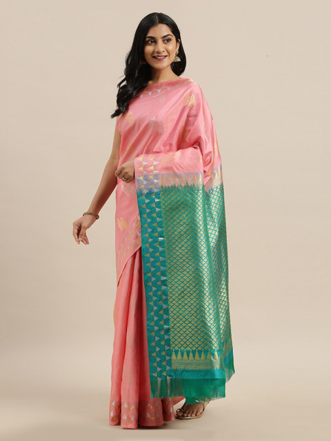 

The Chennai Silks Pink & Turquoise Blue Pure Silk Woven Design Kanjeevaram Saree
