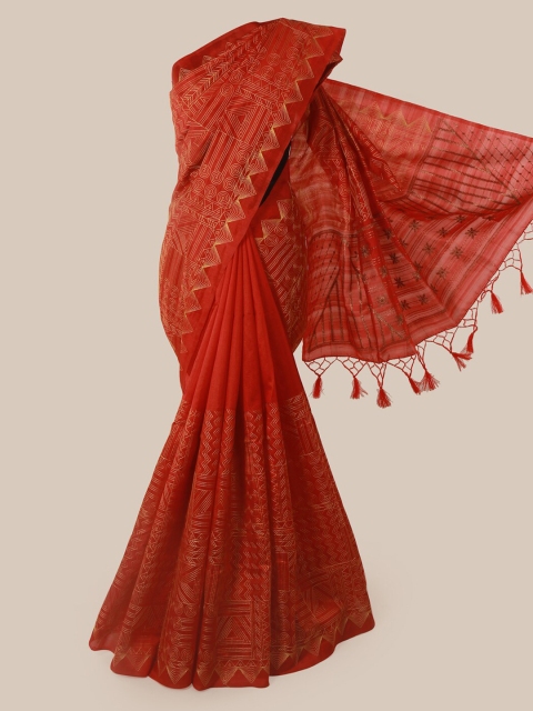 

Pothys Red Embroidered Jute Silk Saree With Tasseled Pallu