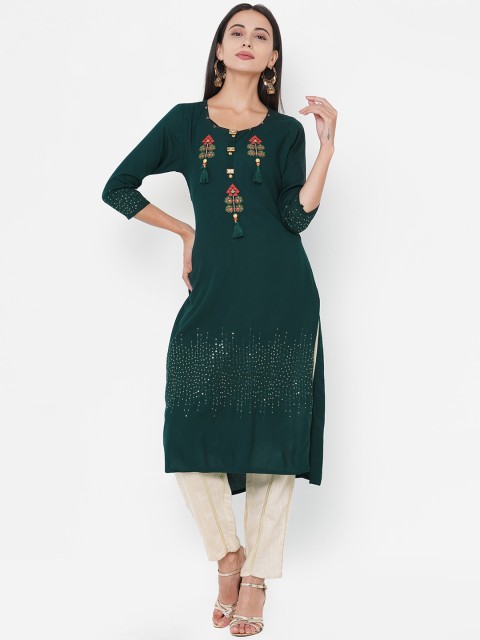 

FASHOR Women Teal Green Geometric Yoke Design Thread Work Kurta