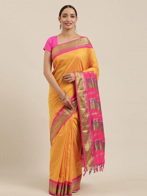 

The Chennai Silks Yellow & Pink Polycotton Solid Saree