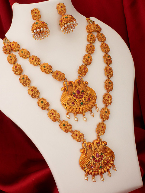 

aadita Gold-Plated Magenta Pink & Green Kundan-Studded Pearl Beaded Temple Jewellery Set