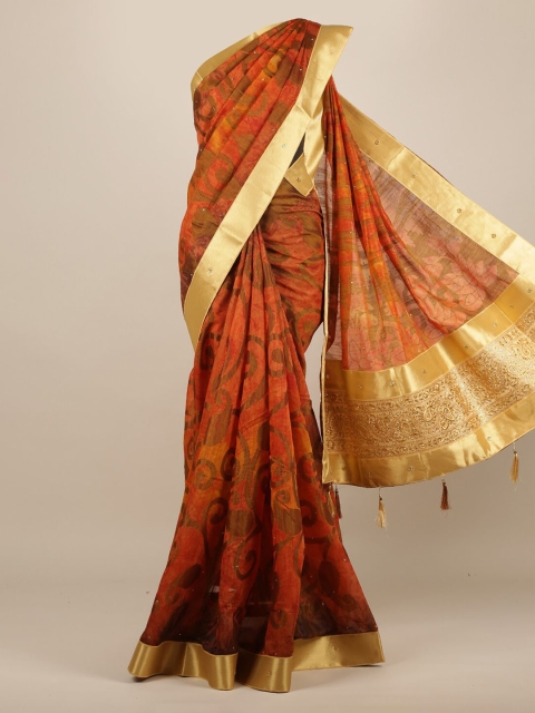 

Pothys Orange Woven Design Jute Silk Saree With Tasseled Pallu
