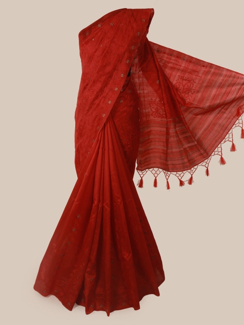 

Pothys Red Embroidered Jute Silk Saree With Tasseled Pallu