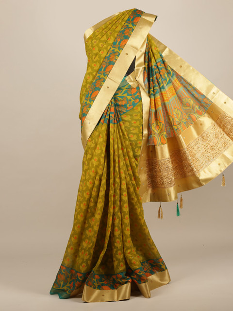 

Pothys Green Woven Design Jute Silk Saree With Tasseled Pallu